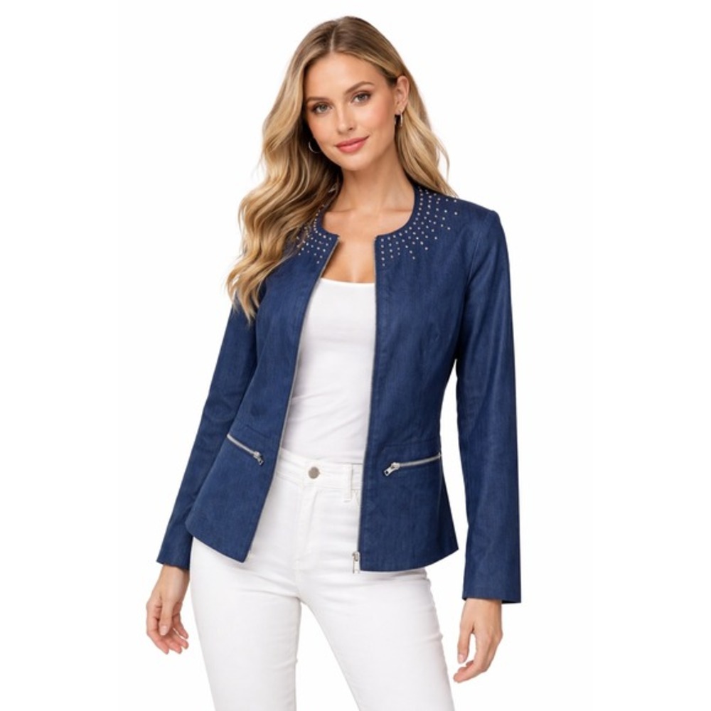 ASHRO Embellished Denim Jacket Blue Zipper Front Pockets Studded 18W 82-25